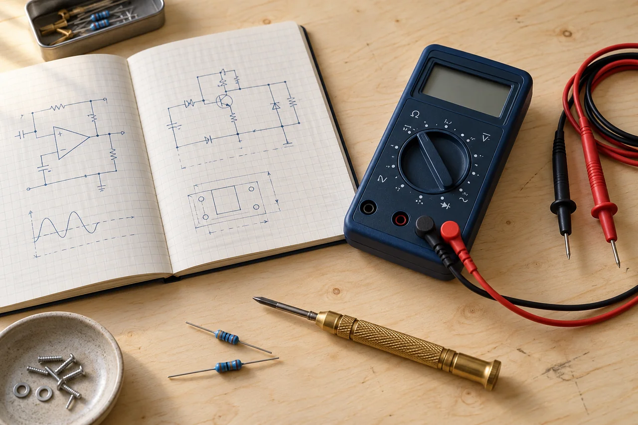Digitalmultimeter mit Messleitungen, Millimeterpapier und Messing-Schraubendreher auf Birkenholz.