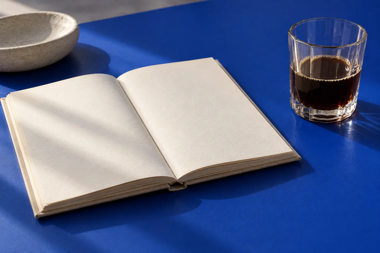 Ein aufgeschlagenes Notizheft und ein Glas Kaffee auf kobaltblauem Grund.